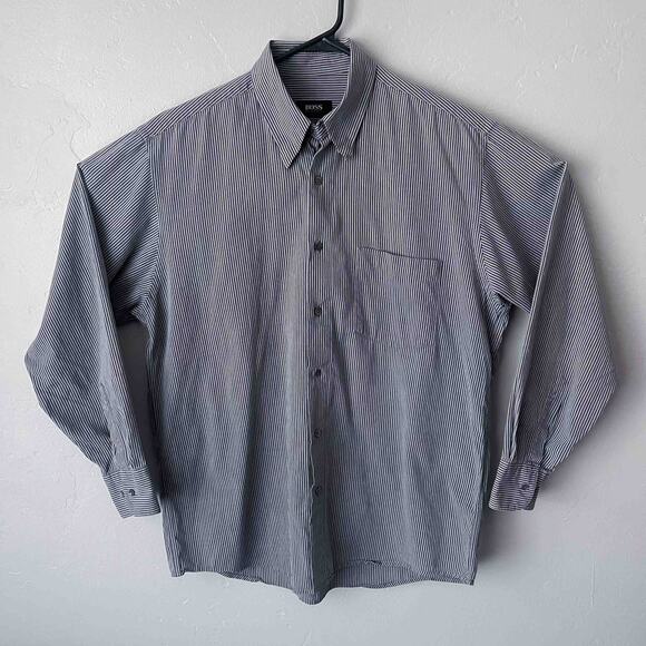 Hugo Boss Men's Black and Gray Striped Long Sleeve Dress Shirt Size L - Picture 1 of 12